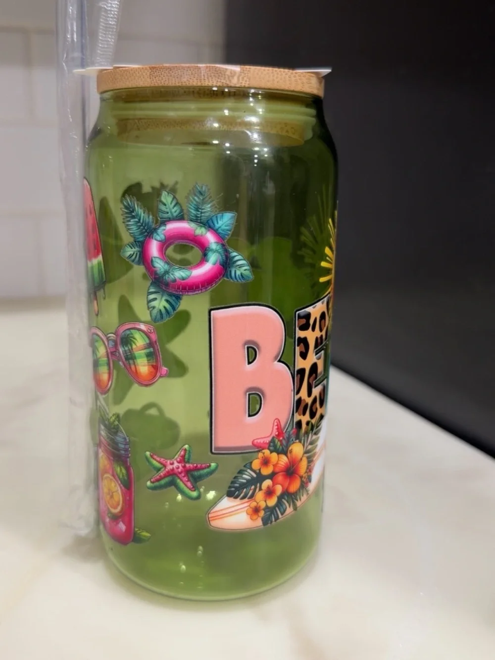 Green Beach-Graphic Glass Canister with Bamboo Lid